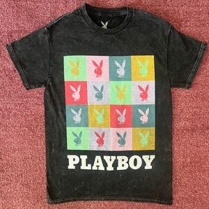 PLAYBOY RAINBOW BLOCKS VINTAGE WASH BLACK T SHIRT SIZE S